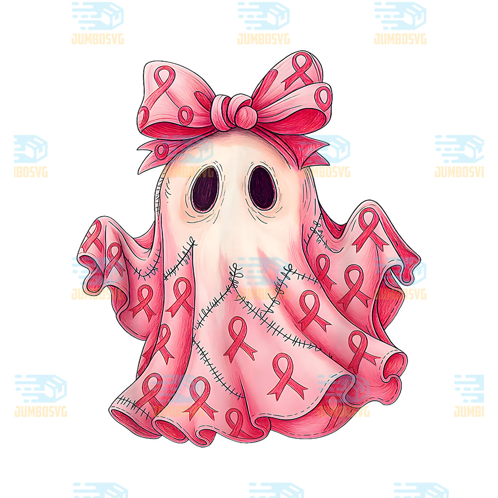 Cute-Pink-Ribbon-Patchwork-Ghost-Breast-Cancer-Halloween-Png