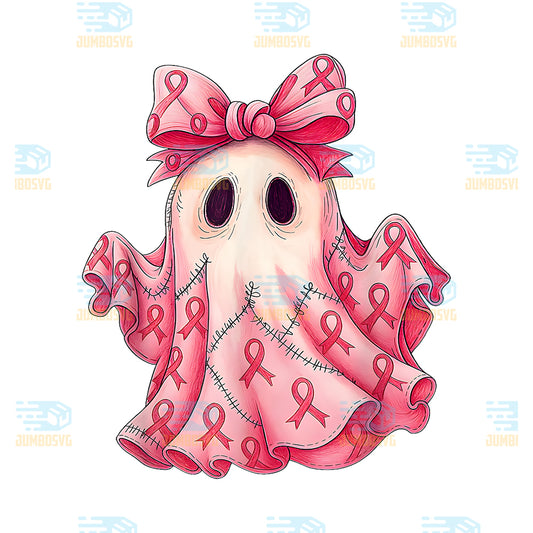 Cute-Pink-Ribbon-Patchwork-Ghost-Breast-Cancer-Halloween-Png