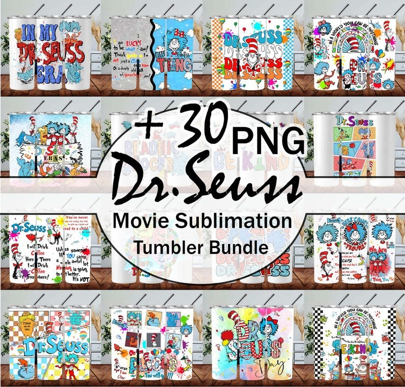 Dr Seuss Tumbler Wrap Bundle, +30 Designs Dr. Seuss 20oz Tumbler PNG Wraps Design, Digital 20 oz Skinny Cat In Hat Tumblers Designs