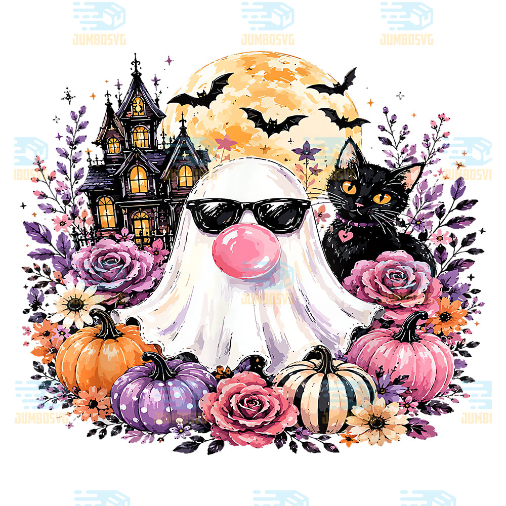 Ghost-Blowing-Bubble-Gum-Black-Cat-Halloween-Floral-Pumpkin-Png