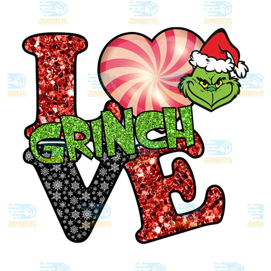 Glitter-Love-Candy-Heart-With-Grinch-Santa-Hat-Png