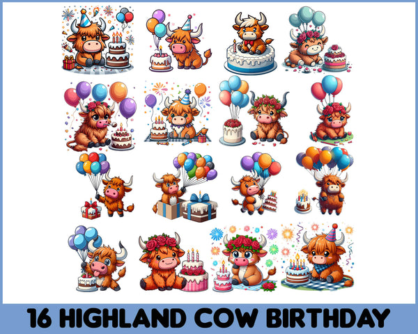 Birthday Highland Cow PNG Sublimation Design, Instant Digital Download, Highland Cow Clip art, Commercial Use