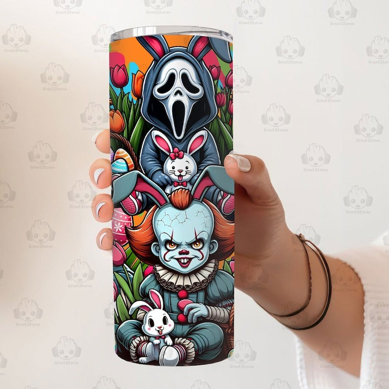 Horror Movie Chilling With My Peeps Tumbler Wrap, Funny Easter Bunny 20oz Skinny Tumbler Sublimation Design Png, Cute Happy Easter Png