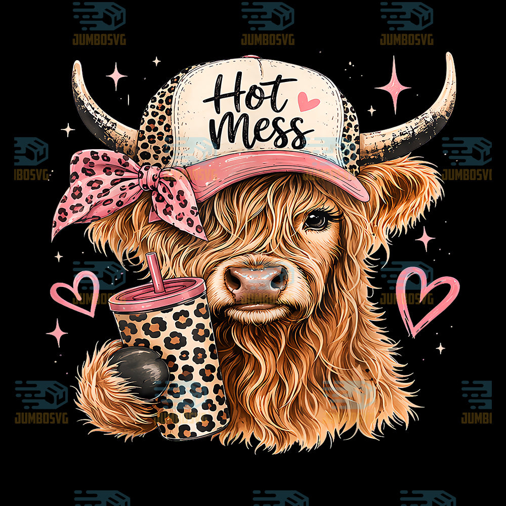 Hot-Mess-Leopard-Highland-Cow-Funny-Coffee-Lover-Png