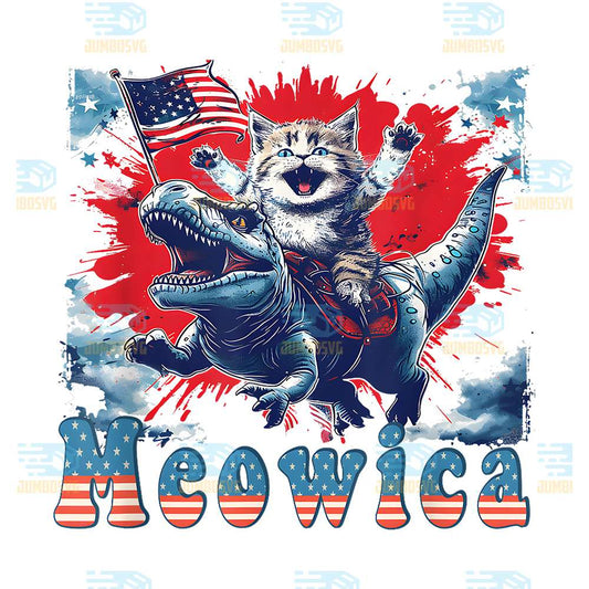 Meowica-Cat-Riding-A-Dinosaur-4th-Of-July-Png