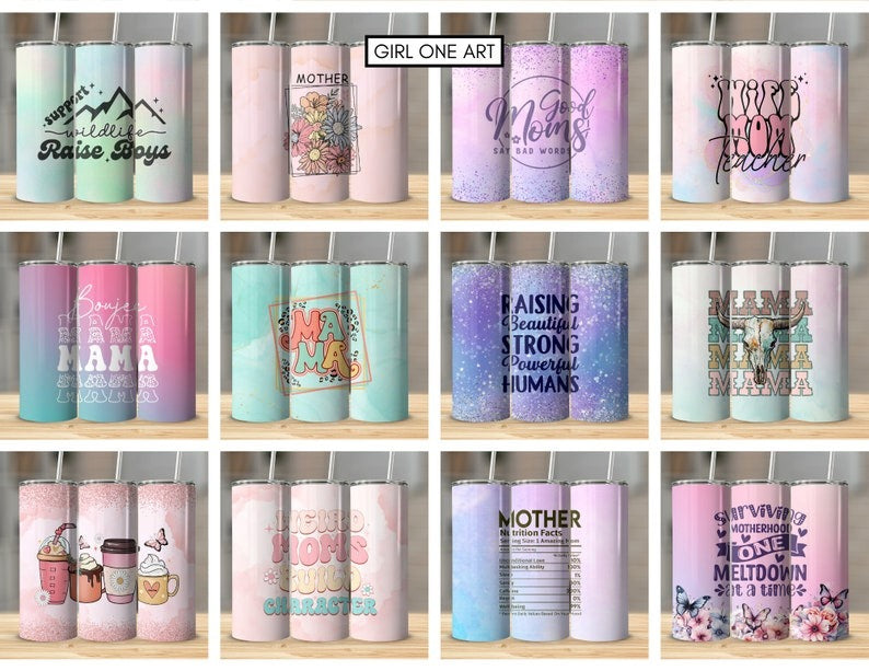 Mom Tumbler Wrap Bundle 20oz Skinny Straight Mother's Day Tumbler Sublimation Mama Design Digital Download Mom Life PNG Boho Floral Glitter