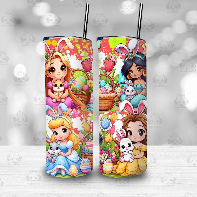 Princess Cartoon Happy Easter Day 20oz Tumbler Design Png, Princess Couple Easter Day Tumbler Design, Happy Easter Day Straight Tumbler Png