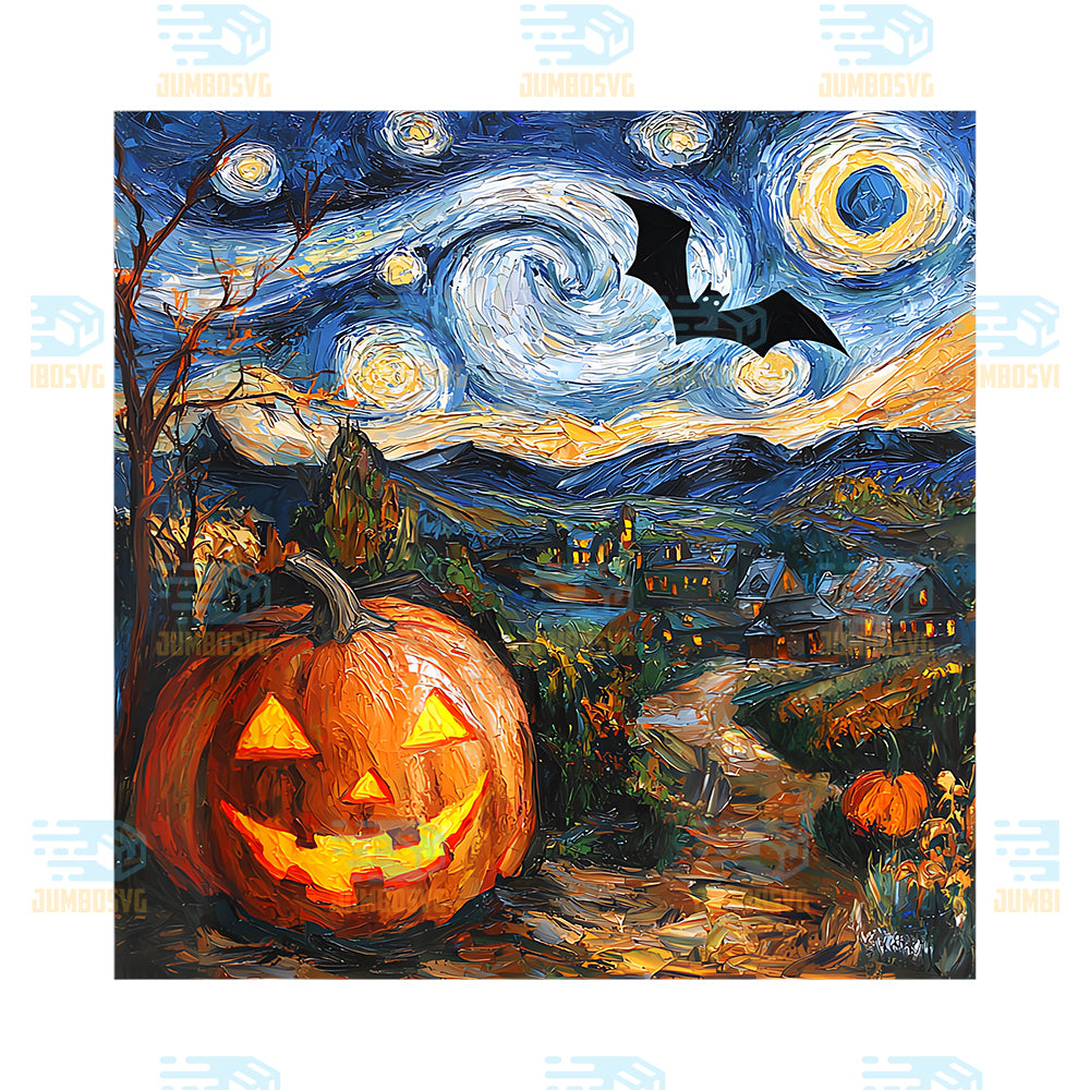 Pumpkin-Jack-O-Lantern-Bat-Van-Gogh-Style-Starry-Night-Png