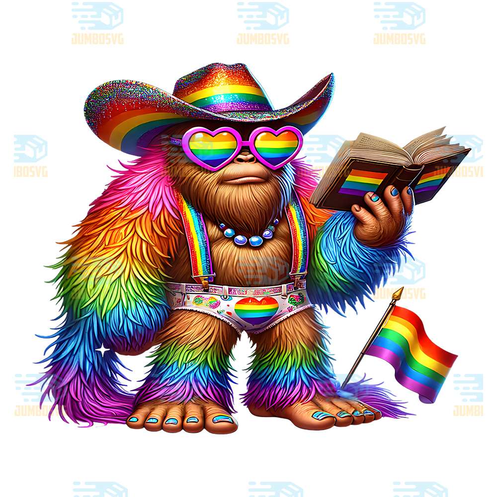 Rainbow-Pride-Bigfoot-Reading-Book-With-Heart-Glasses-Png