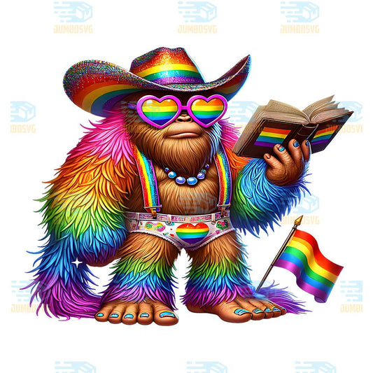 Rainbow-Pride-Bigfoot-Reading-Book-With-Heart-Glasses-Png