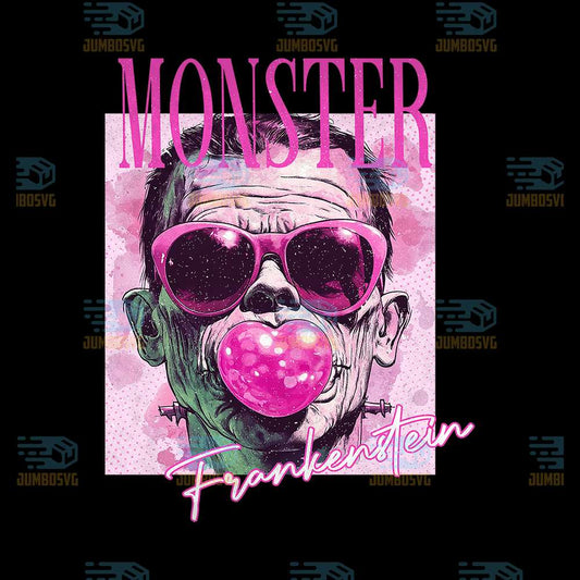 Retro-Halloween-Horror-Frankenstein-Characters-Blowing-Bubble-Png