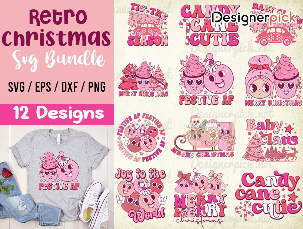 Retro Christmas Svg Bundle, Pink Christmas Svg, Christmas Svg Bundle, Christmas T-Shirt Design, Christmas Retro Svg 1