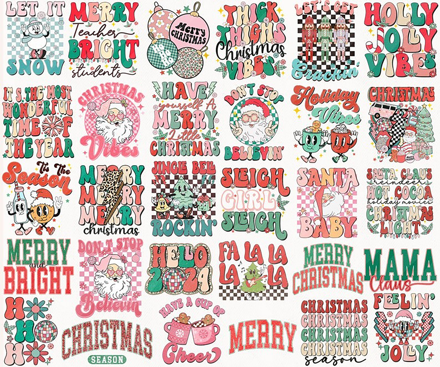 Retro Christmas png Bundle, pink Christmas png, groovy christmas svg, christmas shirt design, christmas, pink santa png, sublimation download - Jumbosvg