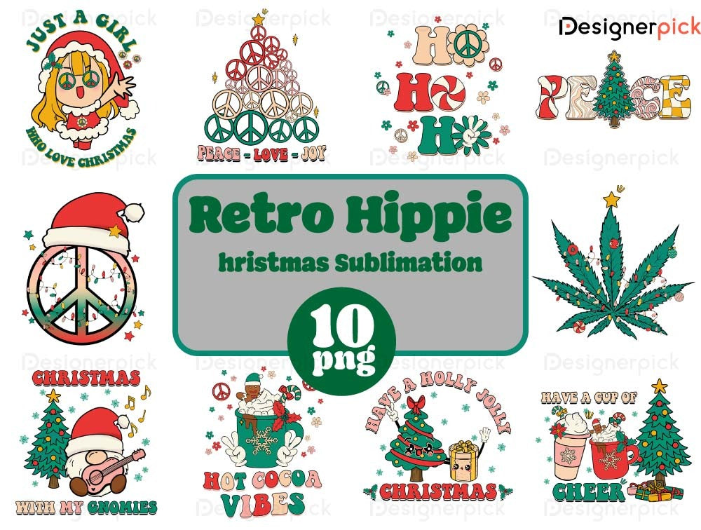 Retro Hippie Christmas Sublimation Bundle, Cute Christmas Png, Marry Christmas Png, Christmas T-Shirt Design, Hohoho Christmas Png