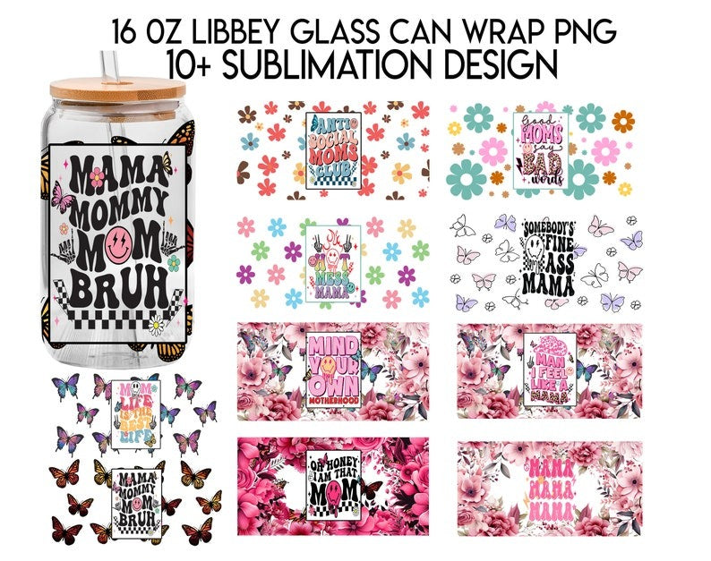 Retro Mom Bundle 16oz Libbey Glass Can Wrap, Mama Vibes Frosted Glass, Mother's Day Beer Can Glass, Mama Mommy mom Bruh, Anti Social Moms