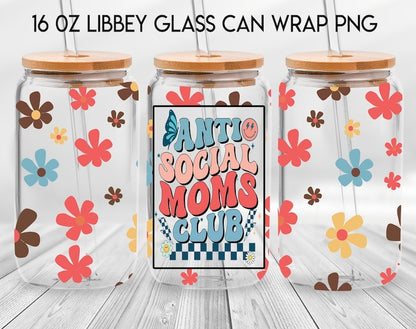 Retro Mom Bundle 16oz Libbey Glass Can Wrap, Mama Vibes Frosted Glass, Mother's Day Beer Can Glass, Mama Mommy mom Bruh, Anti Social Moms