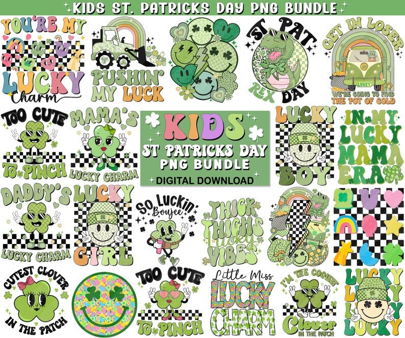 Retro St Patricks Day PNG Bundle, Kids png Bundle Sublimation mama png designs Bundle, Lucky vibes png, Shamrocks png Kids St Pattys day png