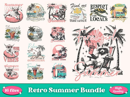 Retro Summer Bundle Png Summer shirt design Beach shirt Png Funny raccoon Feral Girl Summer Graphic Png  Shirt sublimation