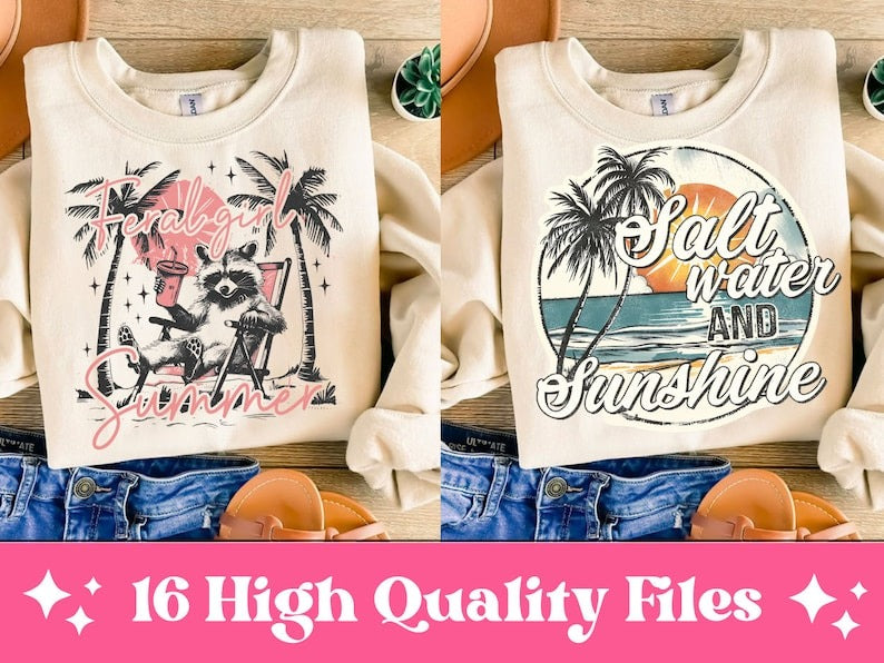 Retro Summer Bundle Png Summer shirt design Beach shirt Png Funny raccoon Feral Girl Summer Graphic Png  Shirt sublimation