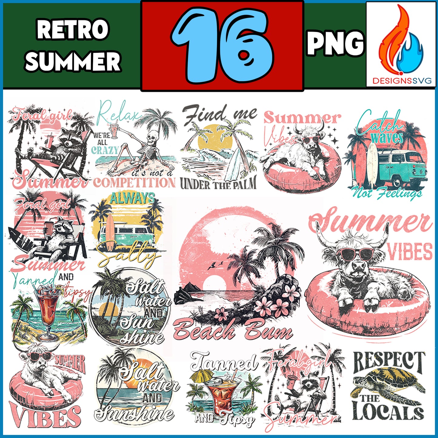 Retro Summer Bundle Png Summer shirt design Beach shirt Png Funny raccoon Feral Girl Summer Graphic Png  Shirt sublimation