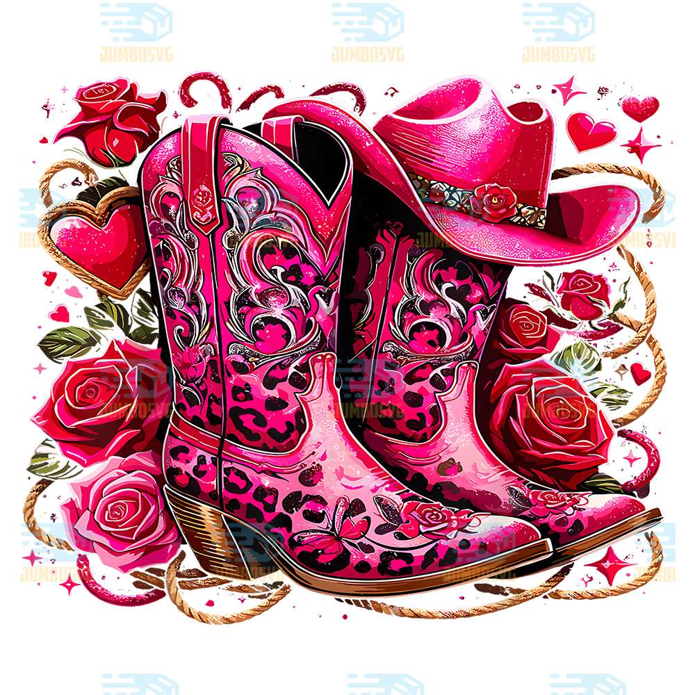 Roses-Cowgirl-Boots-Girl-Cowboy-Pink-Hat-Png