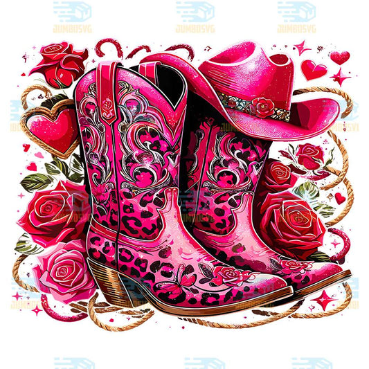 Roses-Cowgirl-Boots-Girl-Cowboy-Pink-Hat-Png
