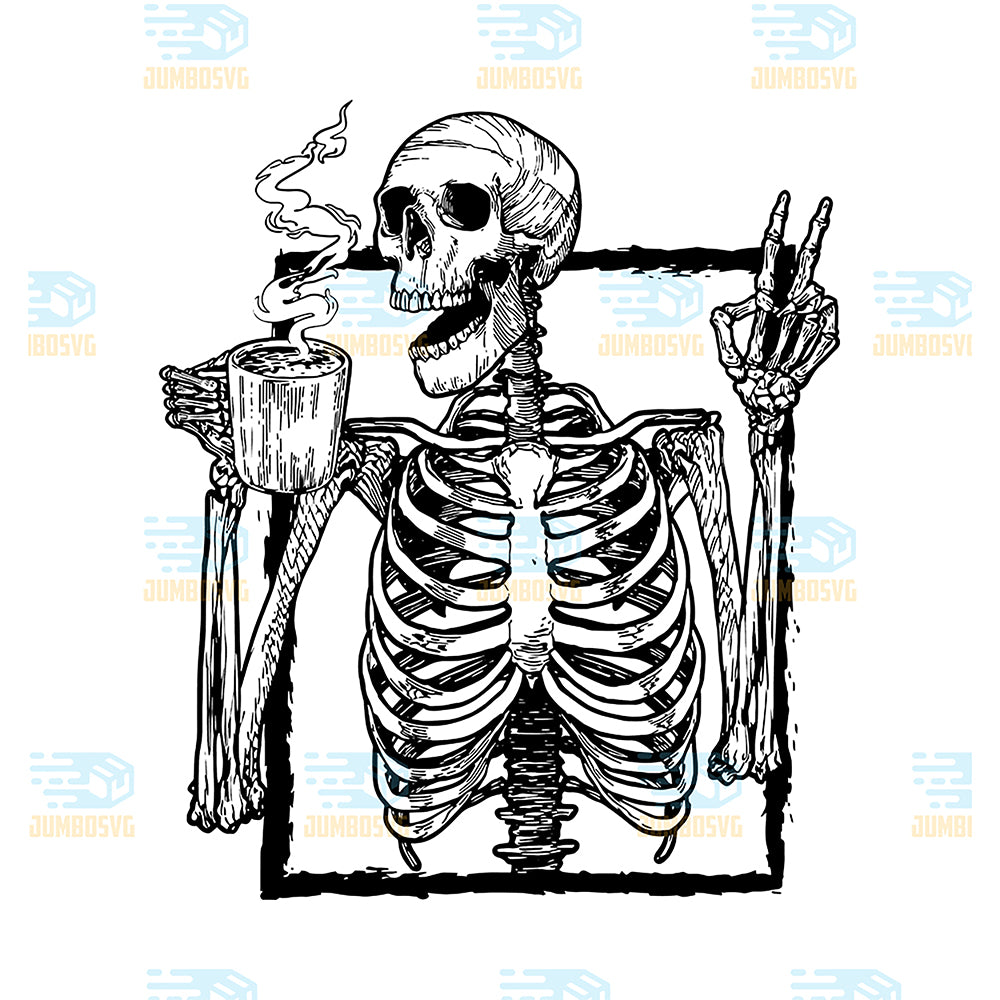 Skeleton-Drinking-Coffee-Peace-Halloween-Grunge-Svg