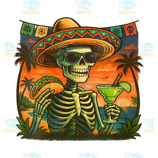 Skeleton-Fiesta-Cinco-De-Mayo-Taco-And-Margarita-Png