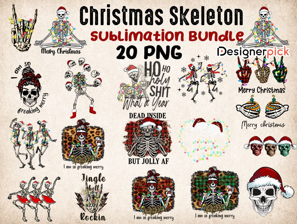 Skeleton Christmas Sublimation Bundle, Skeleton Christmas Png, Skull Christmas Png Bundle, Christmas T-Shirt Design