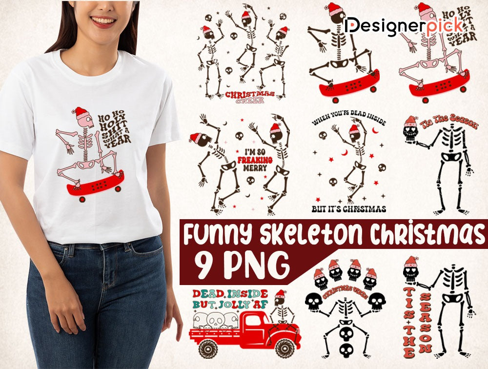 Skeleton Christmas Sublimation Bundle, Skeleton Christmas Png, Skull Christmas Png Bundle, Christmas T-Shirt Design 1