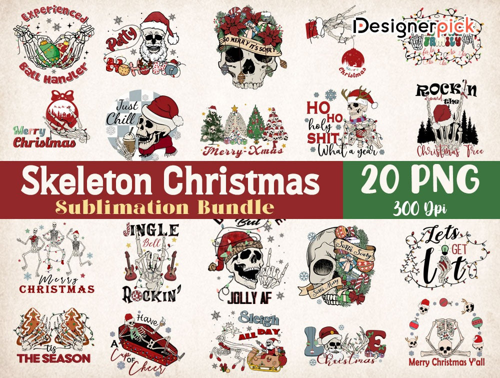 Skeleton Christmas Sublimation Bundle, Skeleton Christmas Png, Skull Christmas Png Bundle, Christmas T-Shirt Design 2