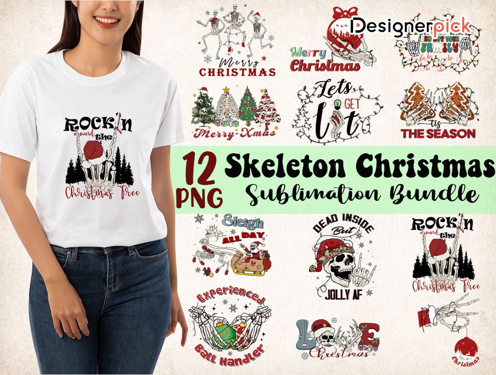 Skeleton Christmas Sublimation Bundle, Skeleton Christmas Png, Skull Christmas Png Bundle, Christmas T-Shirt Design 4