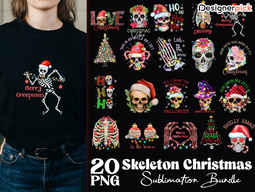 Skeleton Christmas Sublimation Bundle, Skeleton Christmas Png, Skull Christmas Png Bundle, Christmas T-Shirt Design 5