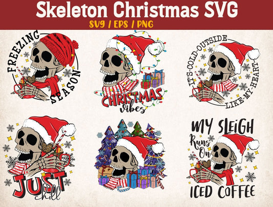 Skeleton Christmas Svg Bundle, Skeleton Christmas Png, Skull Christmas Svg Bundle, Christmas Skull Svg