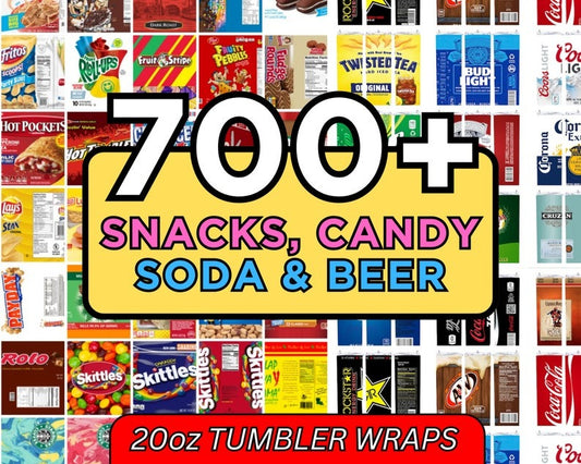 Snacks Candy Soda Liquor 700+ Tumbler Wrap Bundle, Print Shop Starter Pack, 20oz Sublimation Skinny Tumbler PNG, Alcoholic Beverage Tumbler