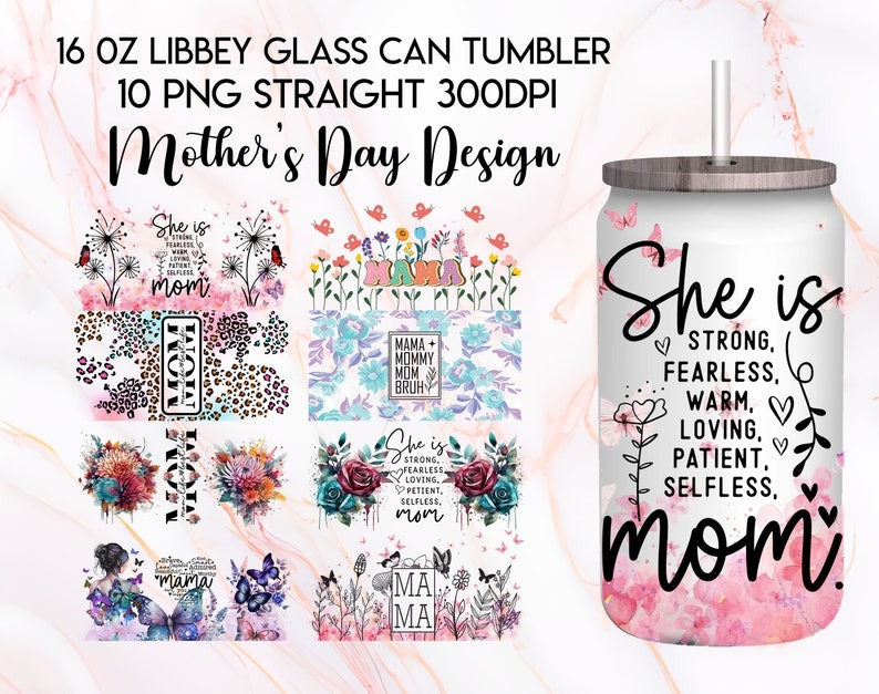 Strong Mom Butterfly Libbey Glass Can Wrap Bundle PNG - Butterfly Mama Glass Can - Floral Mom Mother's Day 16oz Tumbler Sublimation Design