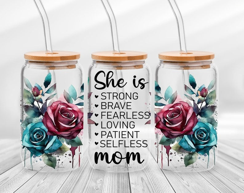 Strong Mom Butterfly Libbey Glass Can Wrap Bundle PNG - Butterfly Mama Glass Can - Floral Mom Mother's Day 16oz Tumbler Sublimation Design