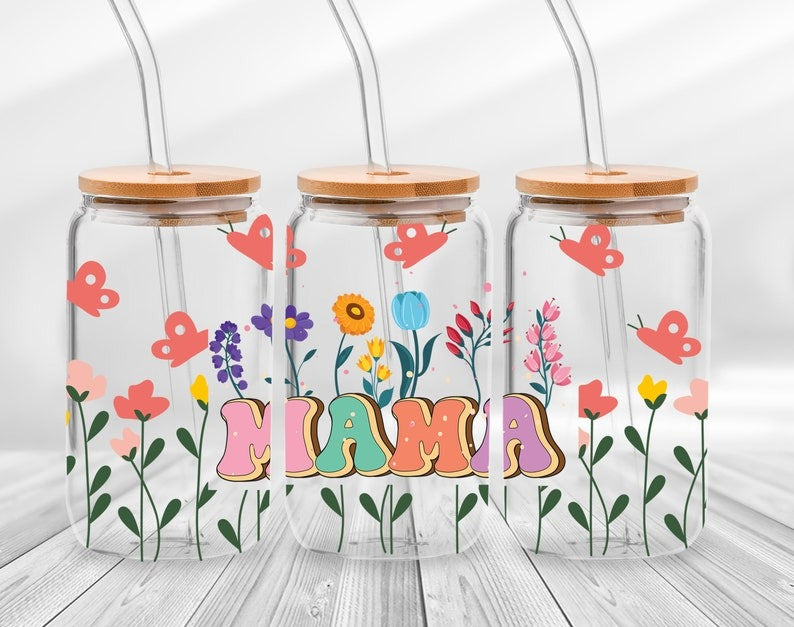 Strong Mom Butterfly Libbey Glass Can Wrap Bundle PNG - Butterfly Mama Glass Can - Floral Mom Mother's Day 16oz Tumbler Sublimation Design