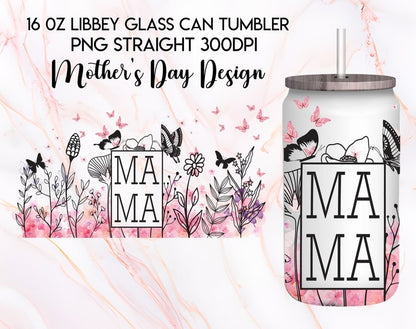 Strong Mom Butterfly Libbey Glass Can Wrap Bundle PNG - Butterfly Mama Glass Can - Floral Mom Mother's Day 16oz Tumbler Sublimation Design