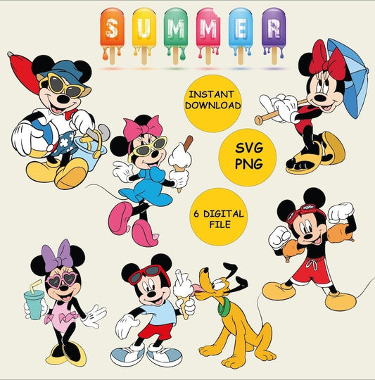 Summer Mickey, Summer Minnie, Mickey and Minnie Beach Time (6Digital Files SVG&PNG ) - Instant Download - Layered and Editable Files