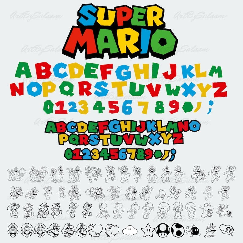 Super Mario SVG Bundle for Cricut and Sublimation, Mario Cut Files, Mario Clipart, Super Mario Font, Mario PNG