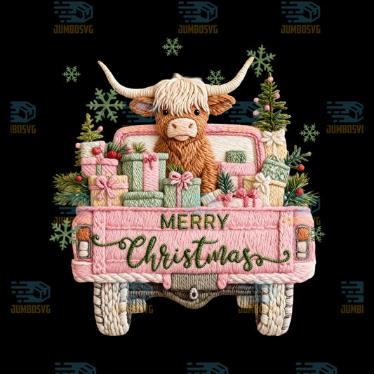 Truck-Highland-Cow-Merry-Christmas-Yarn-Crochet-Christmas-Png