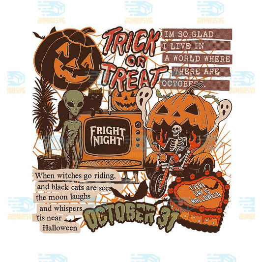 Vintage-Halloween-Trick-Or-Treat-Retro-October-31-Spooky-Alien-Skeleton-Pumpkin-Digital-Design-Sublimation-Png