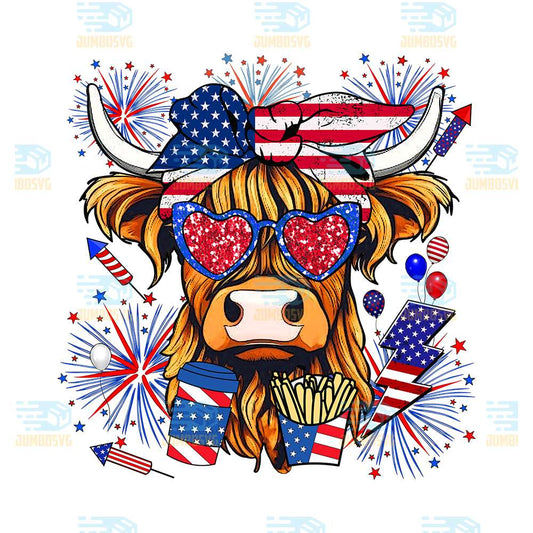 Western-America-Highland-Cow-4th-Of-July-Png