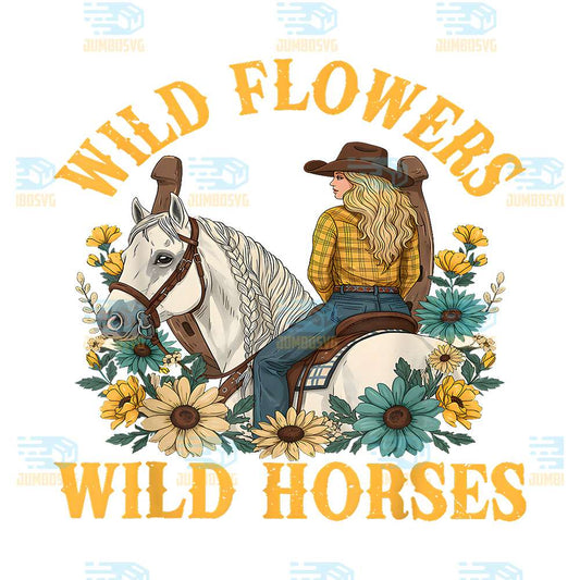 Wild-Flowers-Wild-Horses-Country-Sunset-Western-Cowgirl-Png