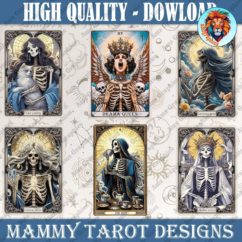 Witchy Vibes Skull Mama PNG Bundle, Woman Skeleton Mother Sublimation Design, The Mom Funny Tarot Card Png, Digital Download