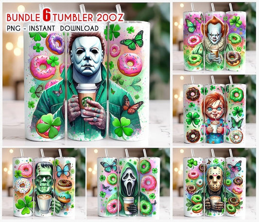 bundle horror character st patrick tumbler wrap, shamrock tumbler bundle, shamrock sublimation, bundle tumbler wrap, png digital download