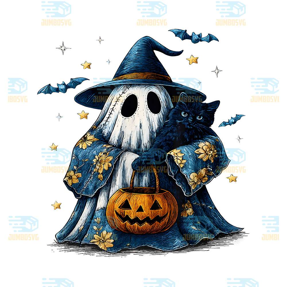 vintage-halloween-ghost-holding-black-cat-groovy-floral-png