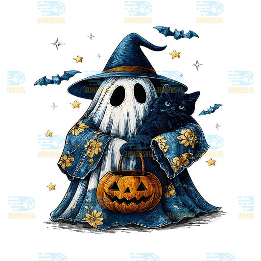 vintage-halloween-ghost-holding-black-cat-groovy-floral-png