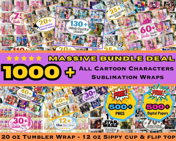 1000+ 20oz Cartoon Tumbler Bundle, All Cartoons Character Sublimation, Barbie Tumbler, Stitch Tumbler, Mermaid Tumbler, Princess Tumbler PNG, Instant Download